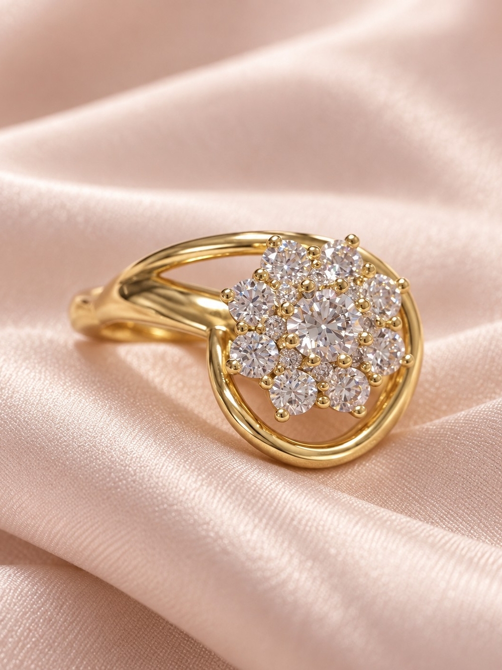 Lsminated 14k.  Gold Flower Cluster CZ Ring - Women Jewelry